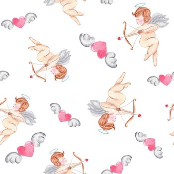 watercolor seamless pattern with cupid and red flying hearts with wings on white background. Perfect for fabric, textile, wrapping paper, textures, cards