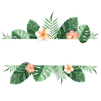 watercolor tropical border with flowers and palm leaves isolated on white background