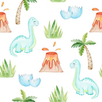 watercolor blue baby dinosaur and volcano seamless pattern on white background.