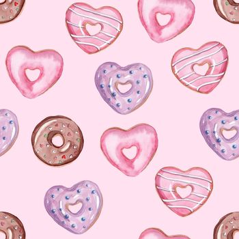 watercolor heart donuts seamless pattern on pink background for fabric, wrapping, scrapbooking, valentines day cards