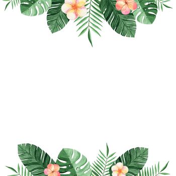 Watercolor tropical flowers border isolated on white background.