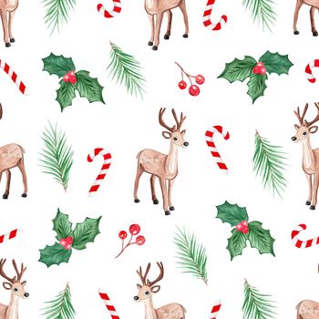 branches seamless pattern on white background. Ilex leaves and candy canes. Christmas print for Wallpaper, fabric, textile, scrapbook