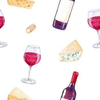 watercolor red wine and cheese pattern on white background for menu design, textile, napkins, cafe wallpaper