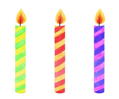watercolor colorful candles with stripes set isolated on white background