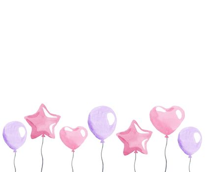 watercolor pink balloons border isolated on white background for baby shower decoration, birthday card frame, invitation design, banner