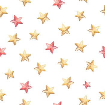 watercolor hand drawn red and yellow stars seamless pattern on white background for baby textile, fabric, wrapping paper, cards, scrapbooking