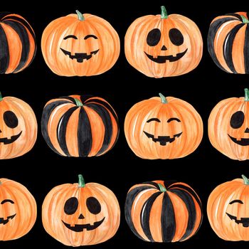 watercolor halloween orange pumpkins faces seamless pattern on black background for fabric , textile, wrapping, scrapbooking