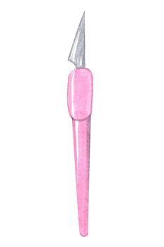 Watercolor pink scalpel tool for clay work isolated on white