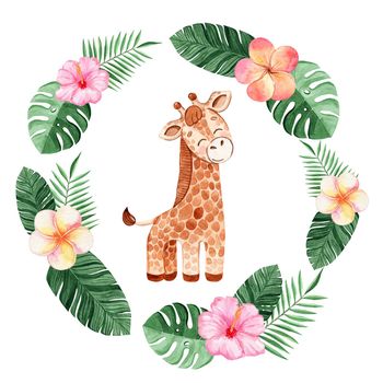 watercolor giraffe in round frame with tropical leaves and flowers isolated on white background