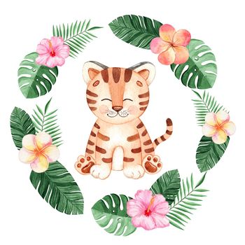 watercolor tiger in tropical flowers frame isolated on white background
