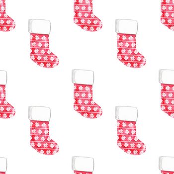 watercolor red christmas stocking seamless pattern on white background. For fabric, textile, wrapping, scrapbooking, wallpaper