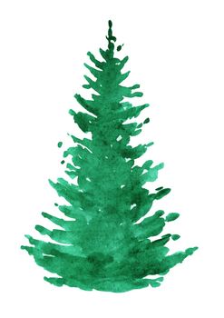 watercolor green fir tree silhouette isolated on white background. Christmas tree.
