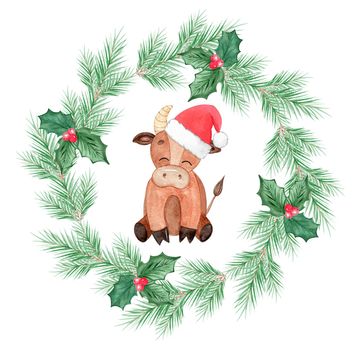 Watercolor bull with Santa hat in Christmas frame isolated on white background. Greeting card design