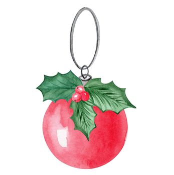 watercolor christmas ornament on white background. red holiday toy with holly decor