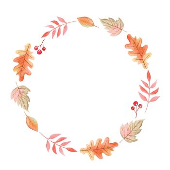 watercolor autumn leaves round wreath isolated on white background. Oak leaf, red rowan branch frame for greeting cards and invitations design