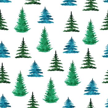 watercolor green pine trees seamless pattern on white background for fabric, textile, scrapbook, wrapping, christmas decor, nordic style