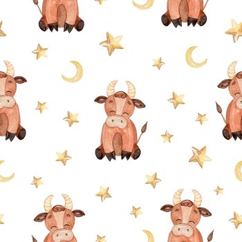 watercolor brown baby bull and stars seamless pattern on white background for fabric, textile, branding, invitations, scrapbooking, wrapping. Symbol 2021