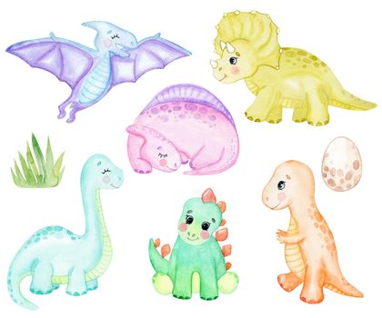 Watercolor cute dinosaurs set isolated on white background. For baby nursery decoration, baby shower, birthday party