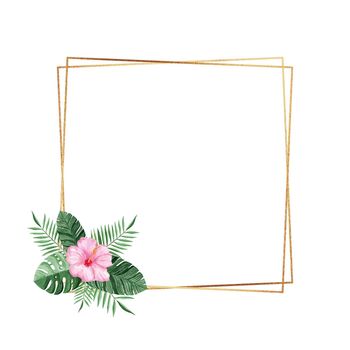 gold square frame with watercolor tropical hibiscus flower isolated on white background for cards, wedding invitations