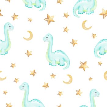 Watercolor blue baby dinosaur and stars seamless pattern on white background. Baby dino print for fabric, textile, wrapping, scrapbook, wallpaper