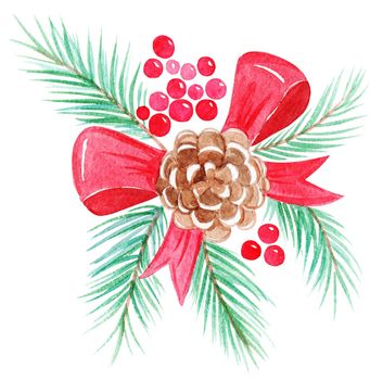 watercolor christmas fir branch with red ribbon cone red berries on white background