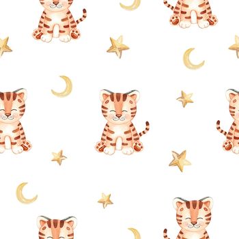 watercolor cute tiger and stars seamless pattern on white background for fabric, baby textile, pajamas, branding, invitations, scrapbooking, wrapping
