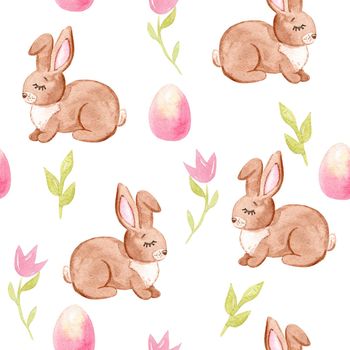 Watercolor hand drawn easter brown bunny and pink eggs and flowers seamless pattern on white background.Can be used as invitation template scrapbooking, wallpaper,layout,fabric,textile,wrapping paper