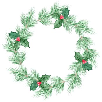 watercolor christmas wreath with green holly leaves fir tree branches and red berries on white background
