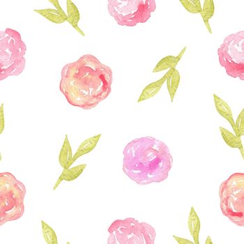 watercolor hand drawn floral seamless pattern with pink flowers and leaves on white background for fabric , textile, scrapbooking, wrapping paper, invitations