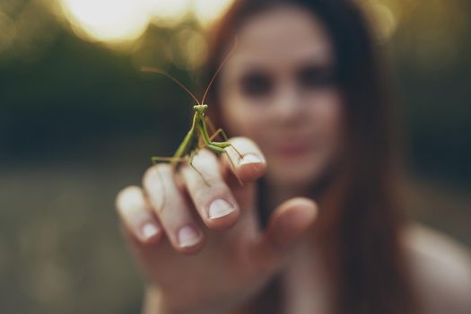 woman in white dress with a praying mantis in hand animals. High quality photo