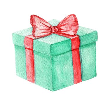 watercolor green gift box with red ribbon on white background, new year, christmas, birthday