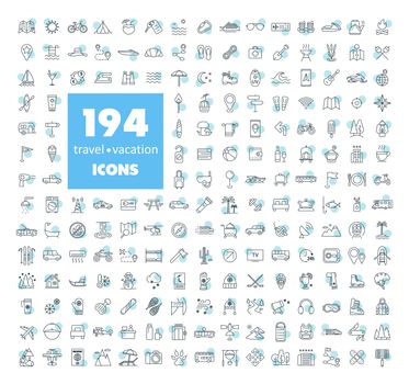 194 travel vacation vector icons set. Graph symbol for travel and tourism web site and apps design, logo, app, UI