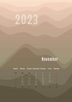 2023 november vertical calendar every month separately. monthly personal planner template. Peak silhouette abstract gradient colorful background, design for print and digital