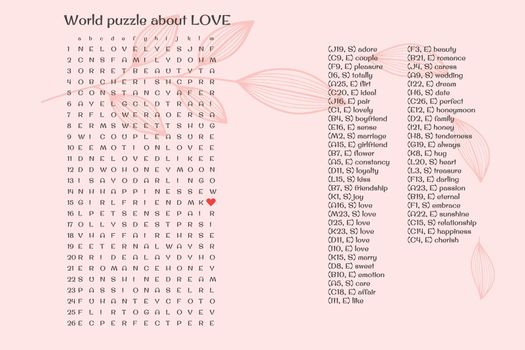 Valentines day word puzzle crossword - find the listed words about love in the brain work puzzle. attentiveness test, riddle game in English. words are forward and down