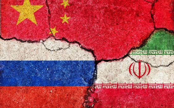 Grunge flags illustration of three countries  (cracked concrete background) | China, Russia and Iran