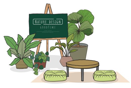 Potted plants Set and Minimalist interior furniture, Letter board. 