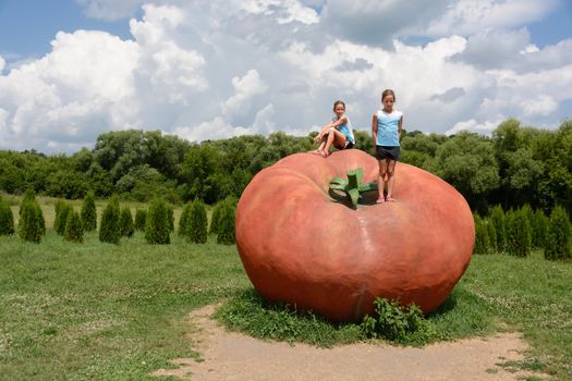 Twins caucasian girls sitting on giant tomato