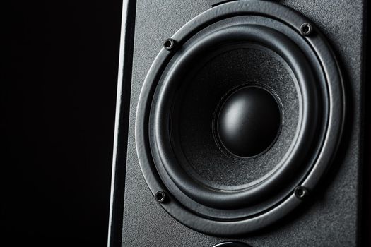Multimedia speaker system speaker close-up on a black background.