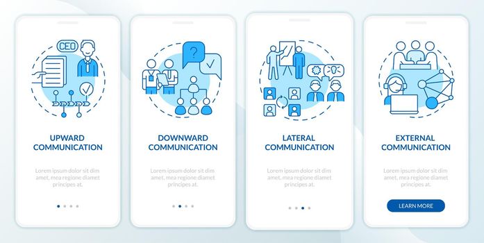 Professional communication types blue onboarding mobile app screen. Walkthrough 4 steps graphic instructions pages with linear concepts. UI, UX, GUI template. Myriad Pro-Bold, Regular fonts used