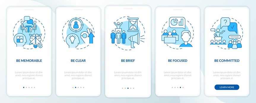 Business communication etiquette blue onboarding mobile app screen. Walkthrough 5 steps graphic instructions pages with linear concepts. UI, UX, GUI template. Myriad Pro-Bold, Regular fonts used