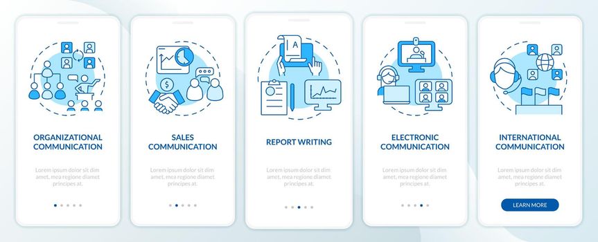 Professional communication forms blue onboarding mobile app screen. Walkthrough 5 steps graphic instructions pages with linear concepts. UI, UX, GUI template. Myriad Pro-Bold, Regular fonts used