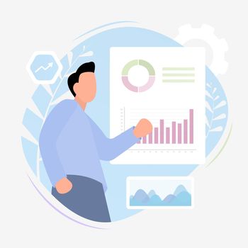 Data analytics report concept with analyst man analyzing statistical and financial information. Business analytics and intelligence information with data statistics charts