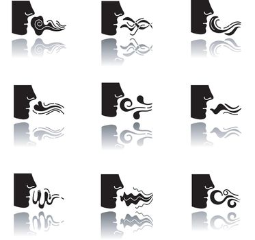 Nose smelling scent drop shadow black glyph icons set. Person sniffing good and bad odor. Stinking stench. Evaporation flow. Fume swirls. Isolated vector illustrations on white space