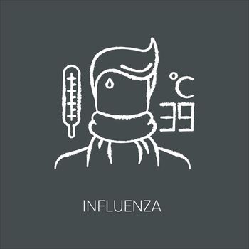 Influenza chalk white icon on black background. Contagious flu virus, respiratory viral infection. Ill person with cold symptoms, fever, headache isolated vector chalkboard illustration