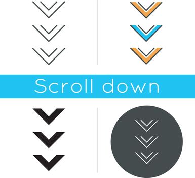 Scrolling down button icon. Three downward arrows for mobile app interface. Downloading process indicator. Scrolldown web cursor. Linear black and RGB color styles. Isolated vector illustrations