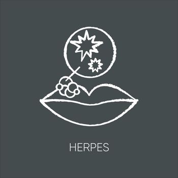 Herpes chalk white icon on black background. Viral skin infection, contagious STD, sexually transmitted disease. Lips with swollen blisters, rash isolated vector chalkboard illustration