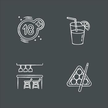 Adult recreation chalk white icons set on black background. Night club recreation activities. Eighteen plus number, cocktail, bar counter and billiards isolated vector chalkboard illustrations