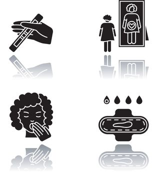 Early pregnancy symptom drop shadow black glyph icons set. Positive test for pregnant woman. Intuitive feeling of caring baby. Slight bleeding from period. Isolated vector illustrations on white space