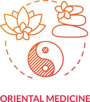 Oriental medicine concept icon. Alternative healing, complementary therapy idea thin line illustration. Traditional eastern holistic treatment. Vector isolated outline RGB color drawing