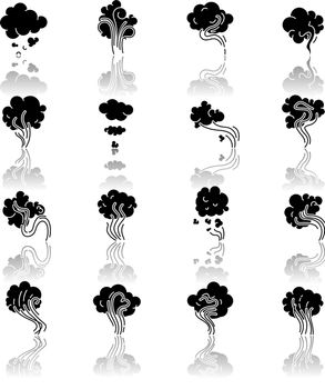 Odor drop shadow black glyph icons set. Emission and evaporation. Smell from hookah. Aroma from cannabis. Cigarette stream. Stink and fog. Isolated vector illustrations on white space